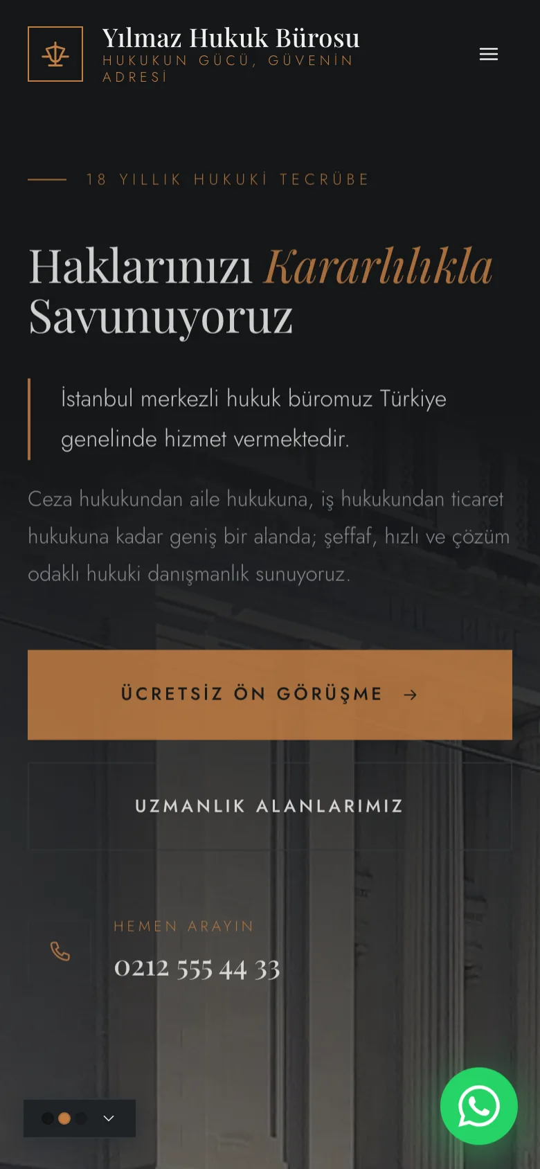 Avukat 2 · Koyu Editoryal Tek Sayfa sitesinin mobil görünümü