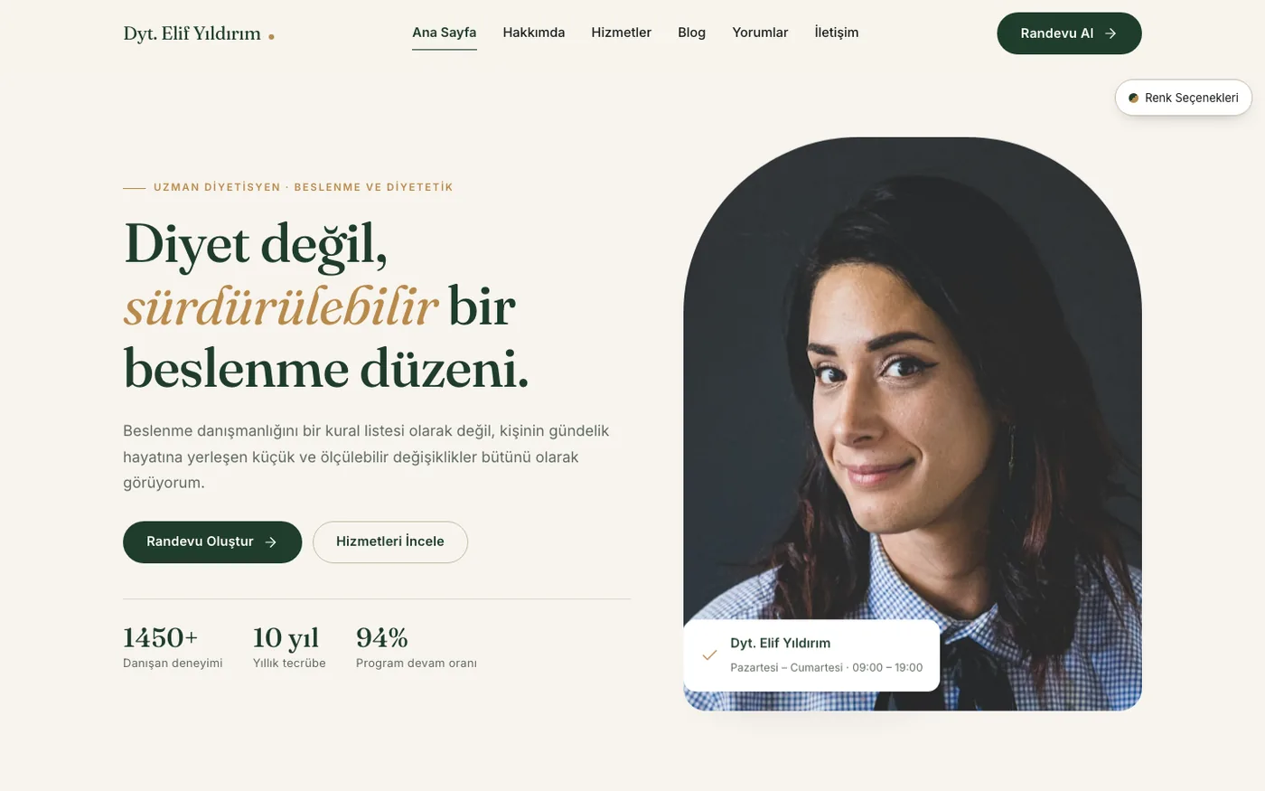 Dietisyen Site 1 — Krem & Koyu Yeşil (varsayılan)