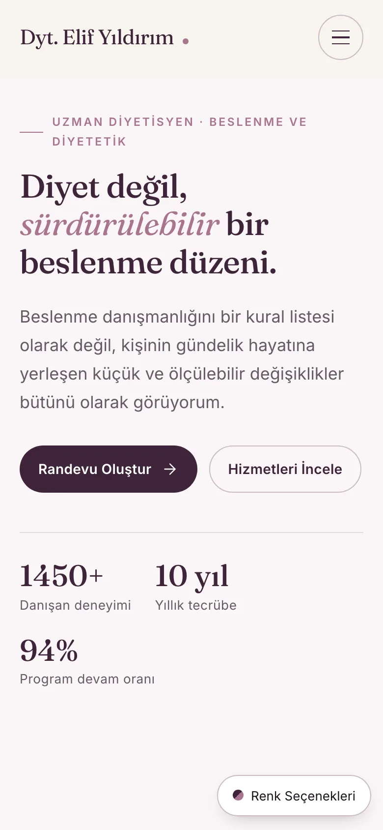 Diyetisyen 1 · Krem ve Yeşil sitesinin mobil görünümü